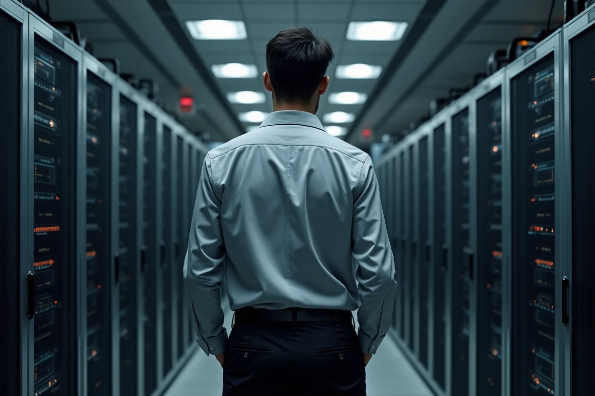 Jeune homme sp&eacute;cialiste informatique dans une salle serveurs