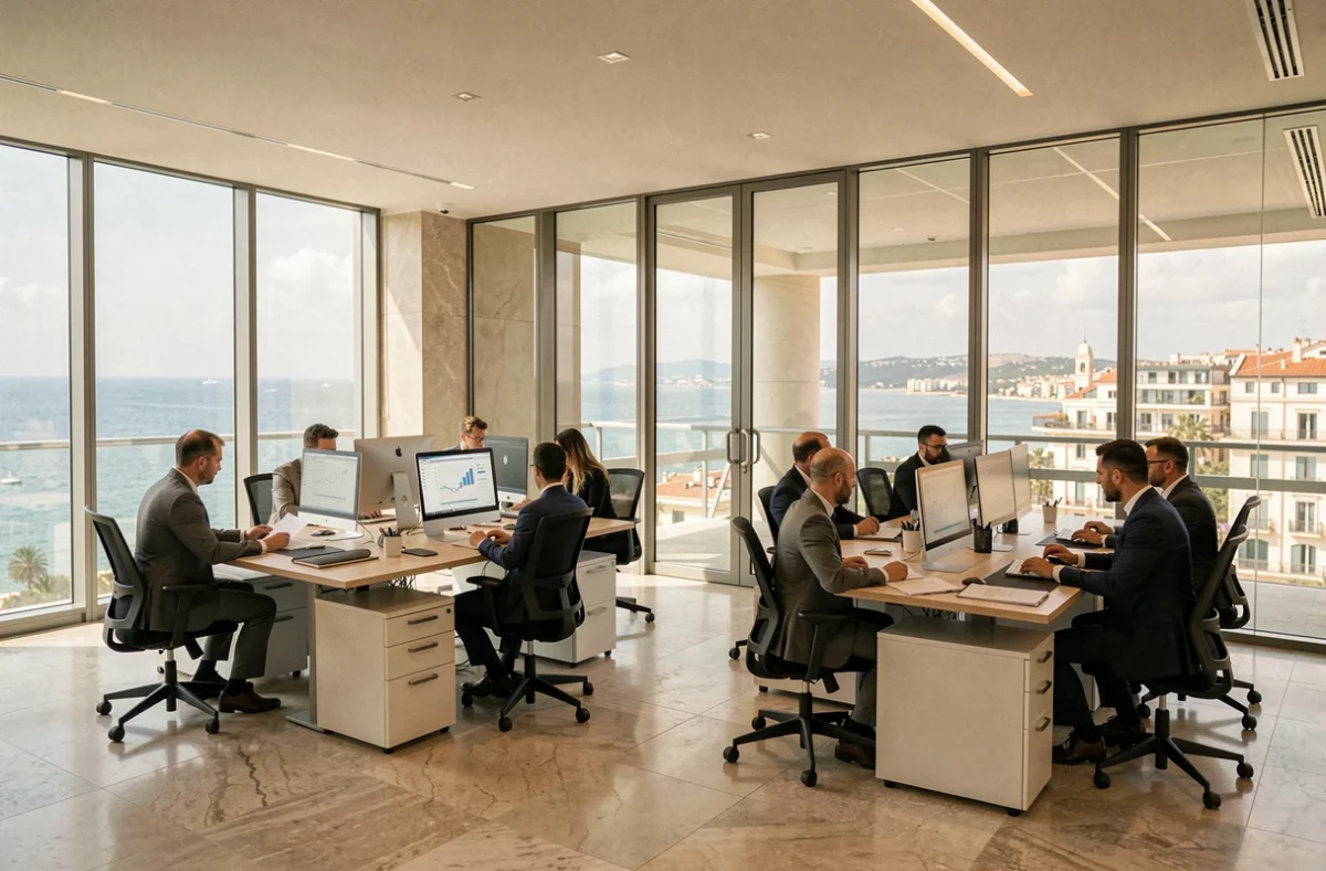 Vue d'ensemble d'un cabinet de défiscalisation moderne dans les Bouches-du-Rhône avec des conseillers financiers au travail