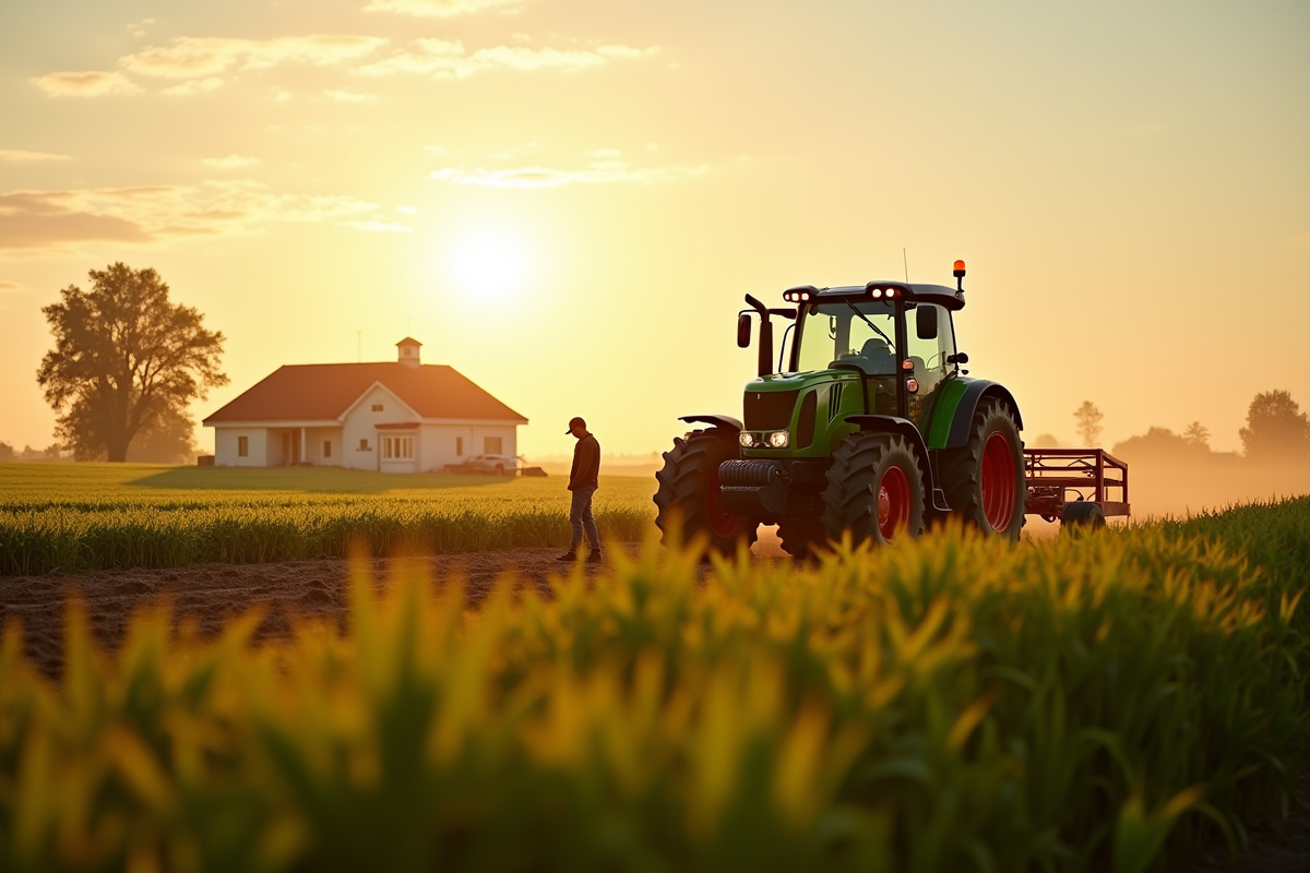 Tracteur moderne dans un champ ensoleille avec ferme et fermier