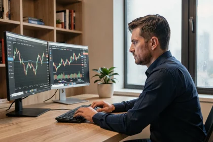Trader professionnel analysant des graphiques financiers sur deux écrans dans un bureau moderne, illustrant le choix entre prop firm et compte personnel