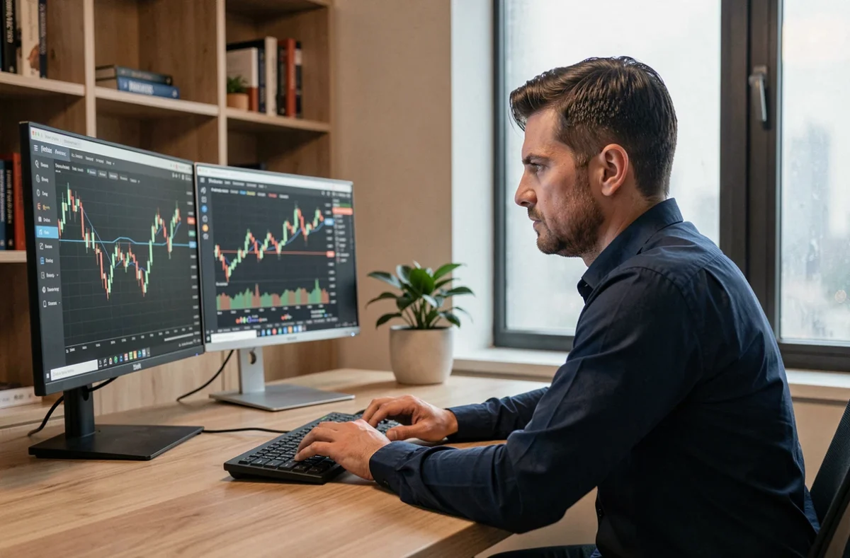 Trader professionnel analysant des graphiques financiers sur deux écrans dans un bureau moderne, illustrant le choix entre prop firm et compte personnel