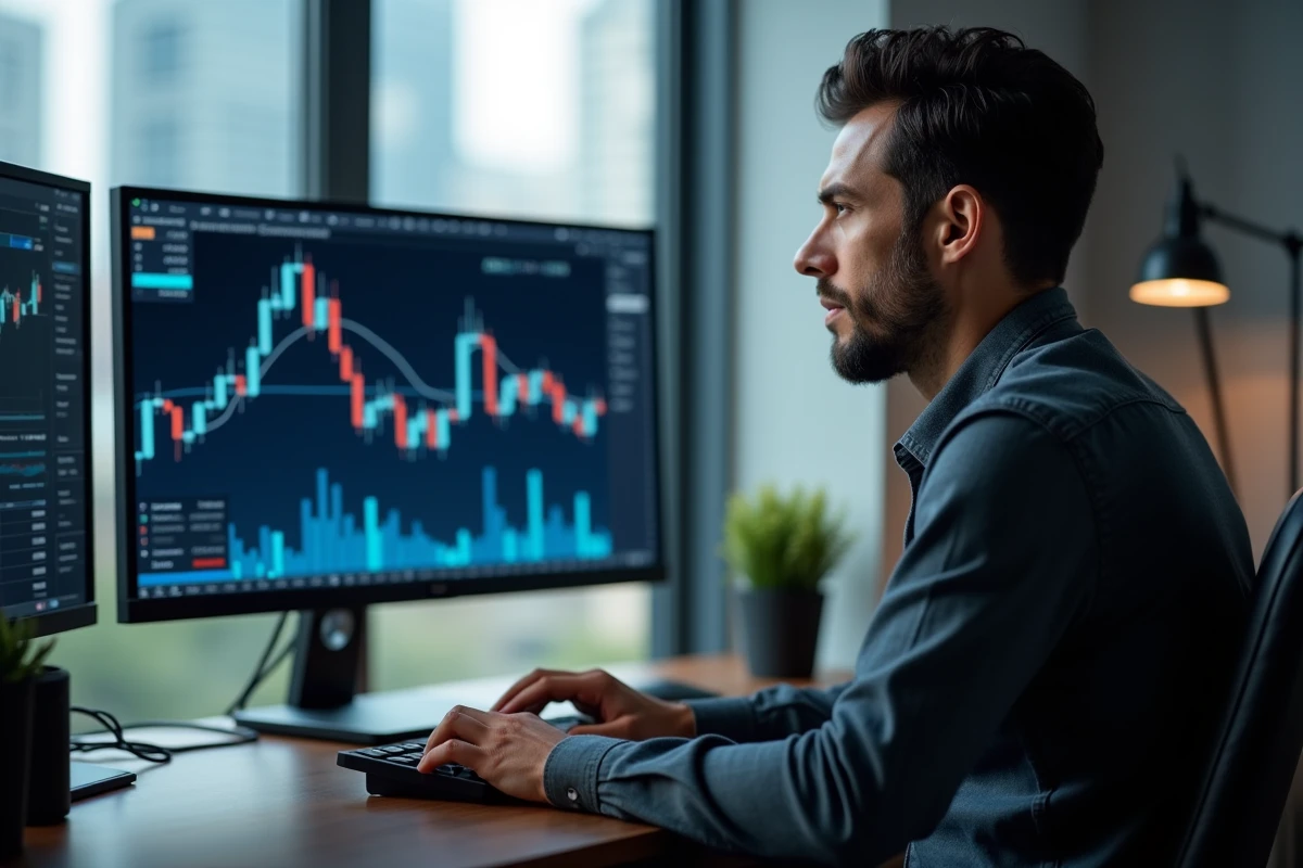Trader analysant un pattern double bottom sur plusieurs écrans dans un bureau moderne, gestion du risque en bourse