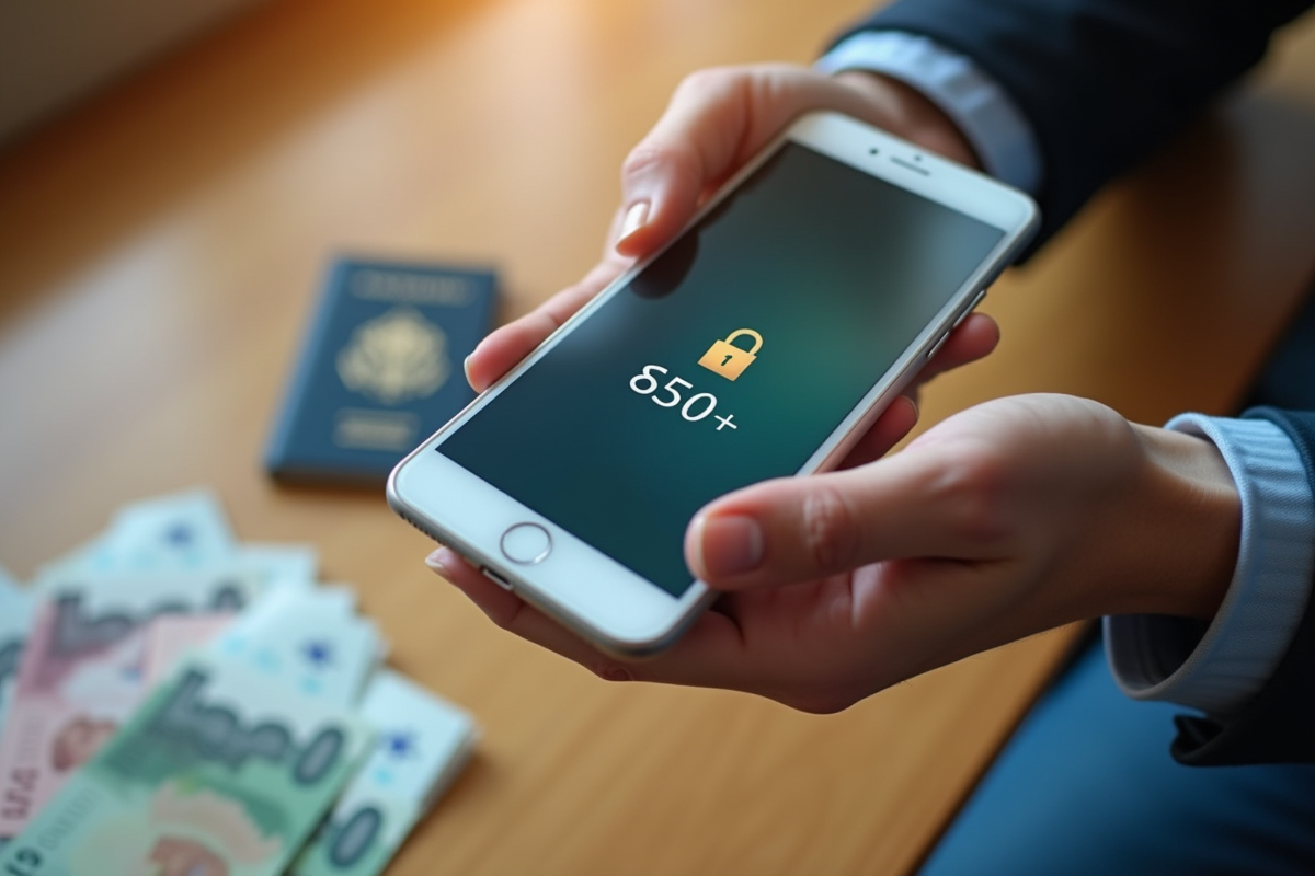 Transaction bancaire en ligne sur smartphone avec devises et passeport