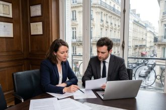 Réunion professionnelle dans un cabinet d'affaires du 8e arrondissement de Paris, deux associés examinant attentivement un contrat avant signature