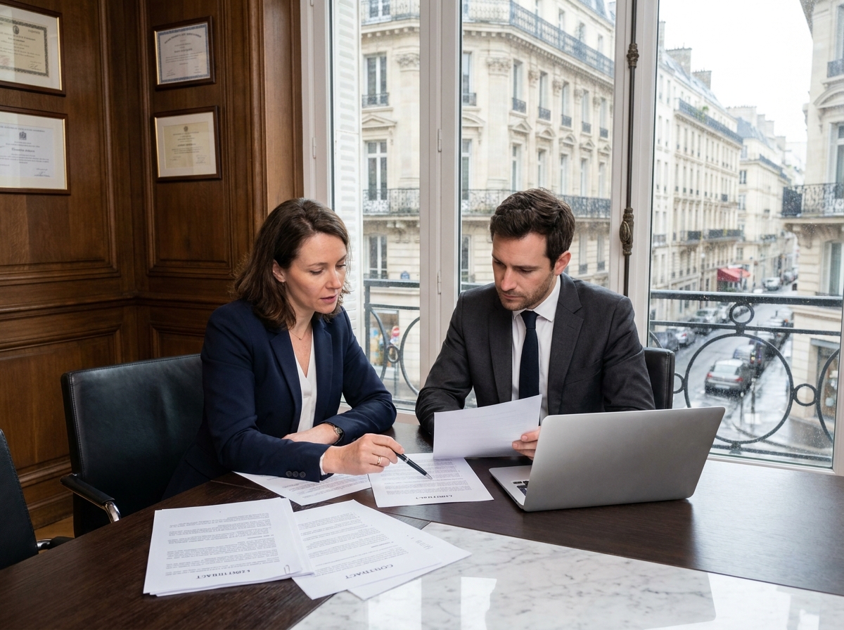 Réunion professionnelle dans un cabinet d'affaires du 8e arrondissement de Paris, deux associés examinant attentivement un contrat avant signature