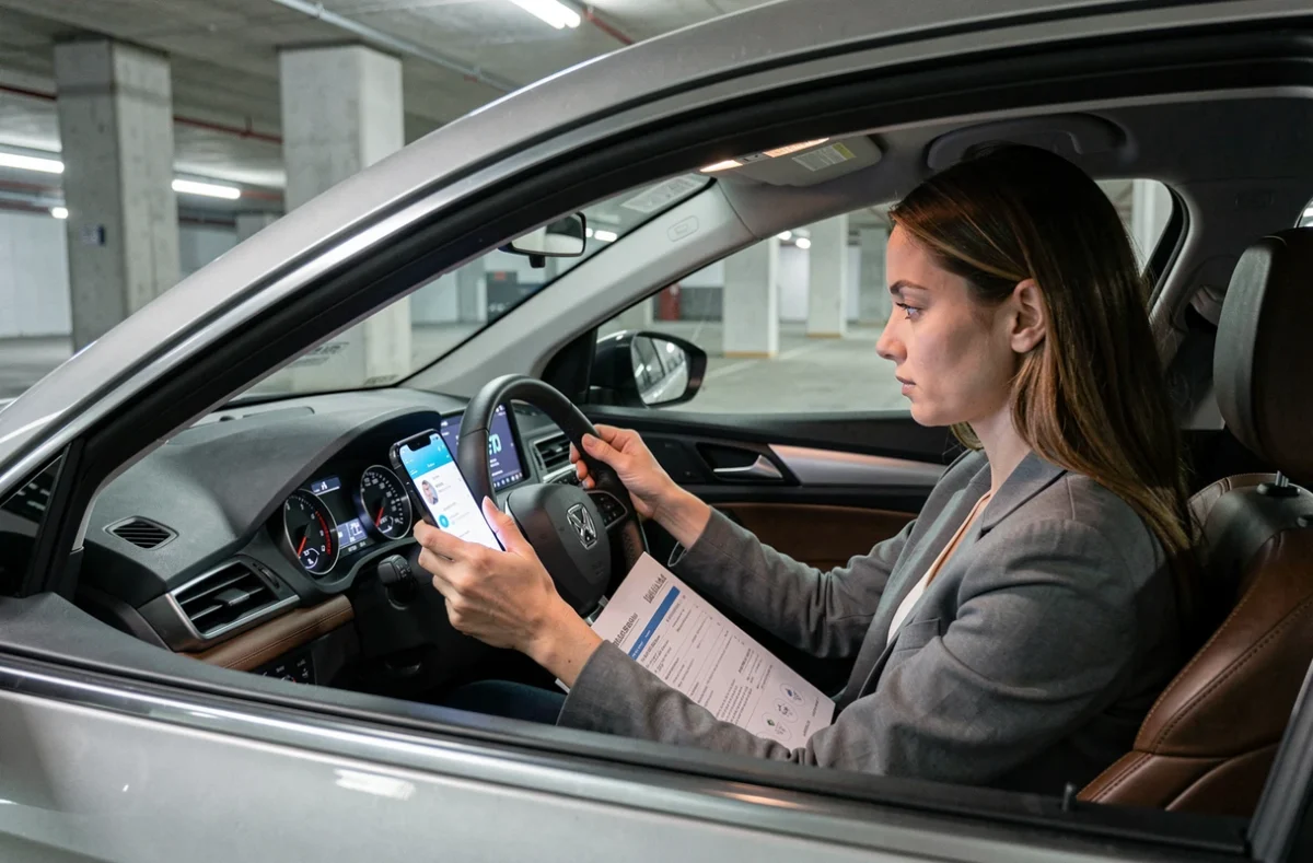 Femme vérifiant ses frais kilométriques sur smartphone dans une voiture pour corriger une déclaration oubliée