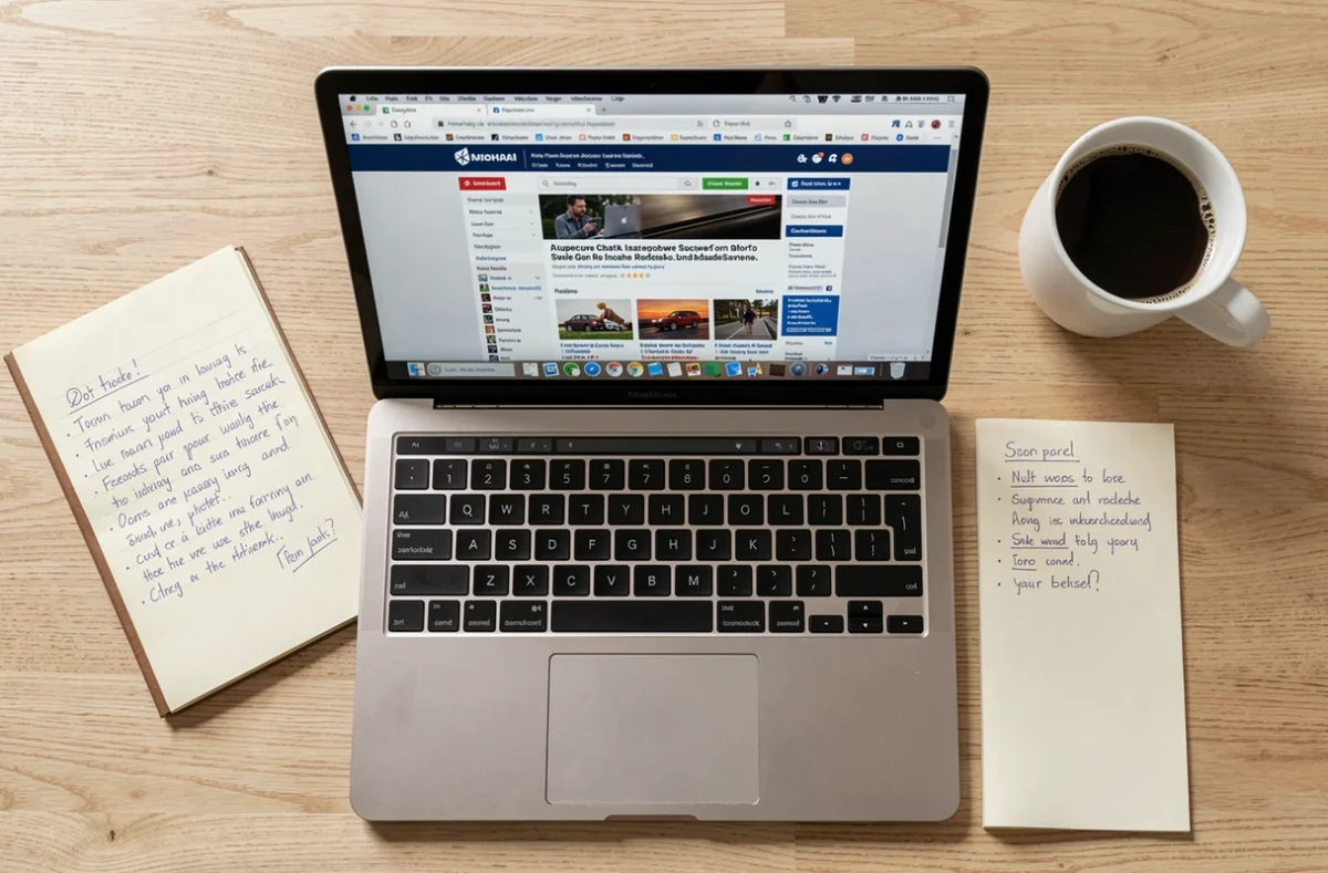Vue aérienne d'un bureau avec un ordinateur affichant un site d'avis douteux et des notes manuscrites pour détecter une arnaque