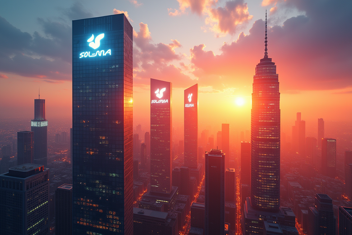 Ciel de ville au lever du soleil avec logos Solana géants