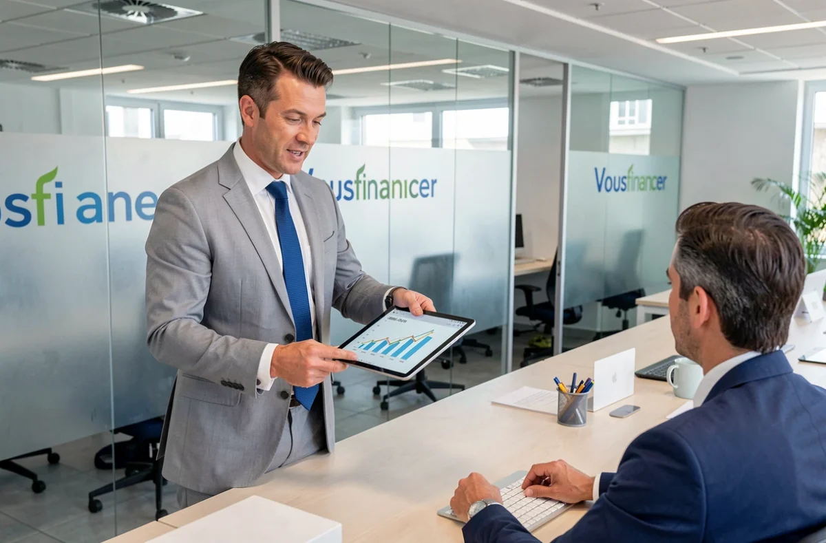 Conseiller financier de Vousfinancer Saint-Étienne présentant une simulation de prêt immobilier à un client