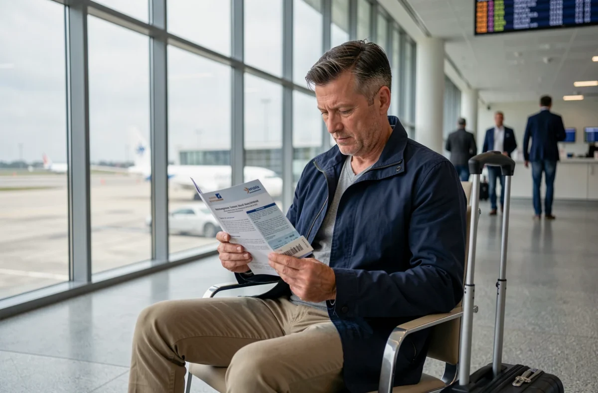 Voyageur lisant sa police d'assurance voyage dans un salon d'aéroport international avant un départ en Asie